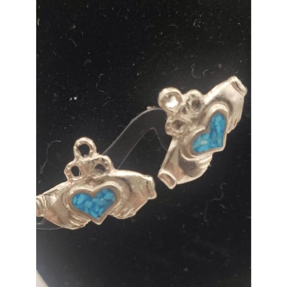 Silver-tone and Turquoise Praying Hands Necklace/Earring Set - 16" - Picture 3 of 4